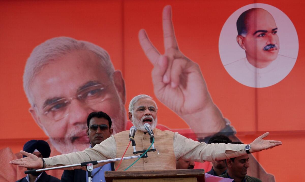 Narendra Modi, chief minister of the western Indian state of Gujarat and the Bharatiya Janata Party's prime minister candidate, speaks at an election rally in Jammu on March 26.