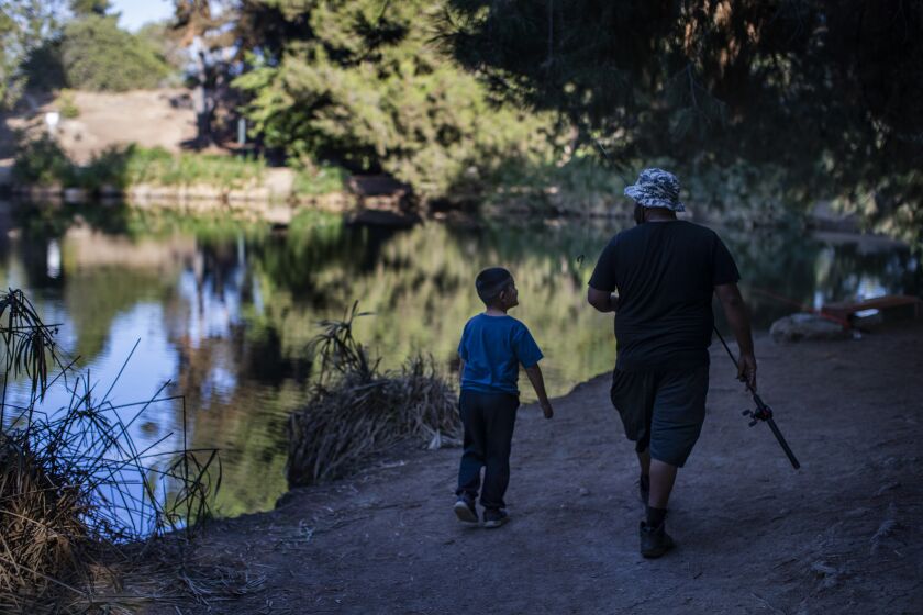 LOS ANGELES, CA - NOVEMBER 6, 2019: Edgar Badillo of Los Angeles and his son Jeremiah,6, look for a fishing spot on Peanut Lake at Debs Park on November 6, 2019 in Los Angeles, California.(Gina Ferazzi/Los AngelesTimes)