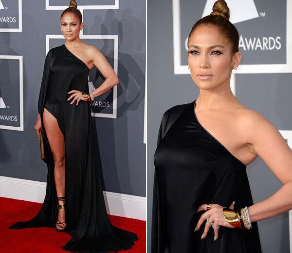 Jennifer Lopez in Anthony Vaccarello. She took the stage to give out the first award of the Grammys, struck a pose and noted that she "got the memo" about the dress code.