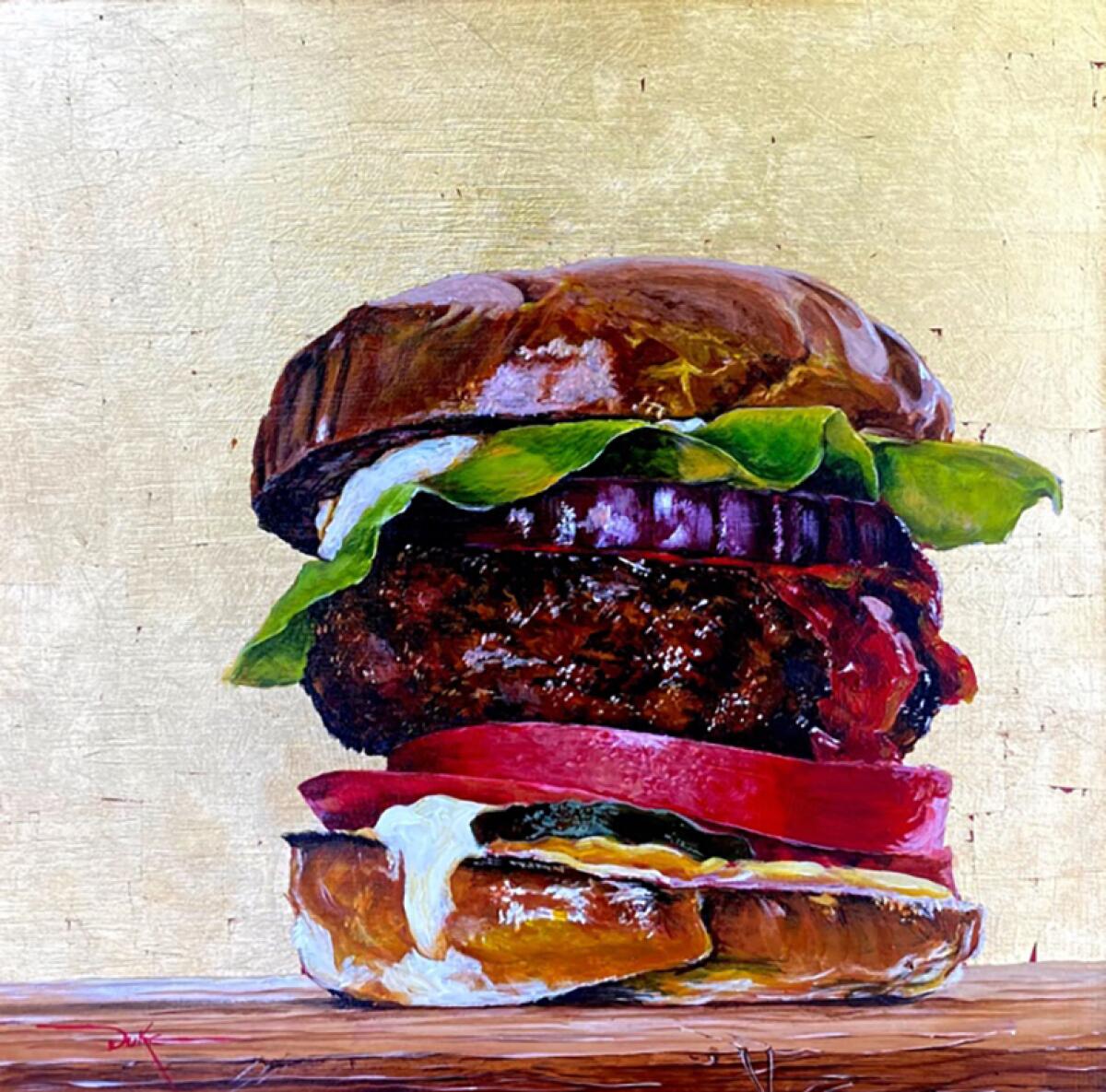 "Where's the Beef" by Duke Windsor (2020, acrylic and gold leaf)