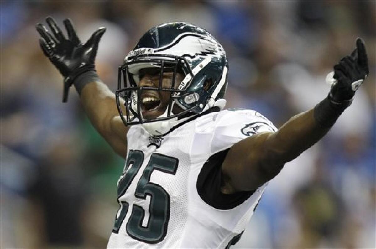 Philadelphia Eagles running back LeSean McCoy celebrates his 14-yard touchdown run against the Detroit Lions in the second quarter of an NFL football game in Detroit, Sunday, Sept. 19, 2010. (AP Photo/Paul Sancya)