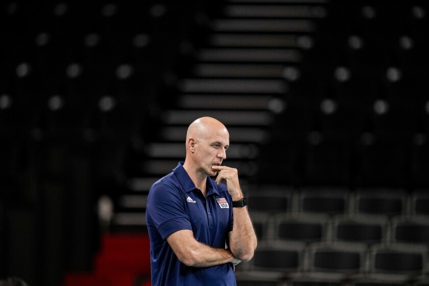 Volleyball coach John Speraw stands on the sidelines at the Tokyo Olympics.