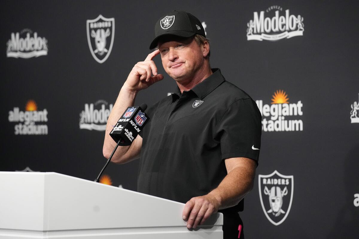 Raiders coach Jon Gruden addresses the media at a news conference.