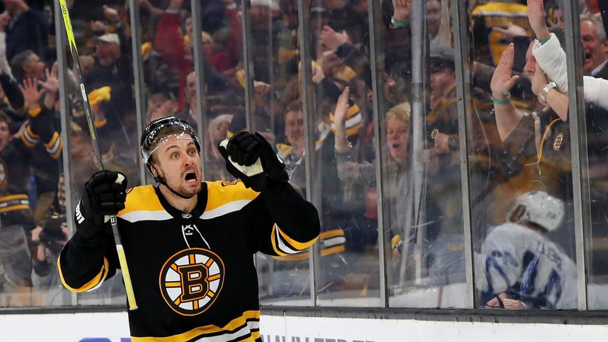 Boston Bruins' Sean Kuraly celebrates after scoring a goal against the Toronto Maple Leafs during the third period of Game 7 of the Eastern Conference first round during the NHL playoffs on Tuesday in Boston.