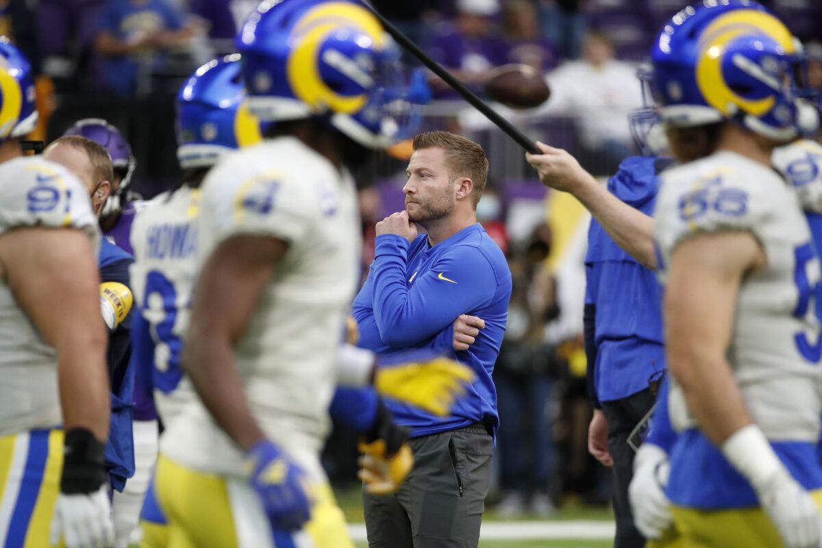 Rams coach Sean McVay stands on the field before a win over the Minnesota Vikings in December.