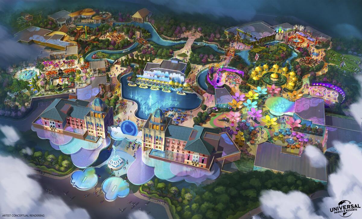 An artist's rendering showing an overhead view of the layout of planned Universal theme park in Texas