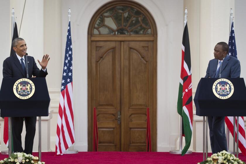 President Obama and Kenyan President Uhuru Kenyatta answer reporters' questions after a meeting Saturday at the State House in Nairobi.