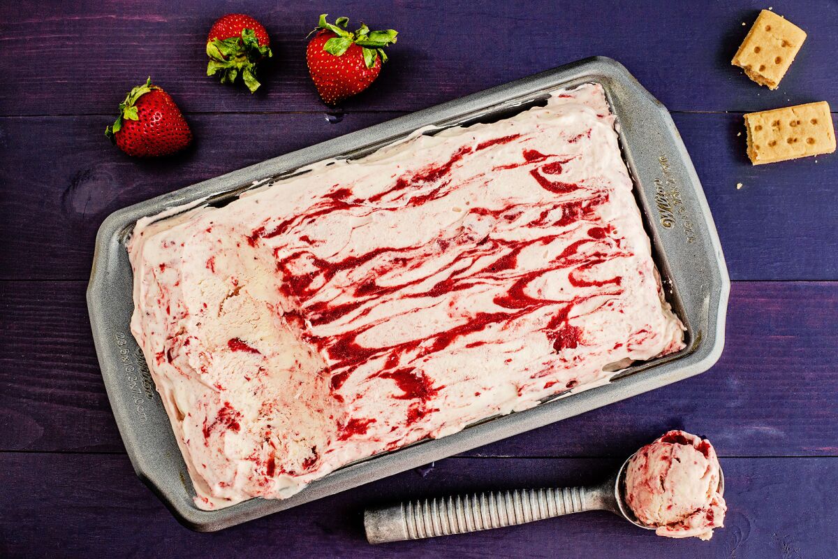 No churn strawberry swirl ice cream with shortbread.