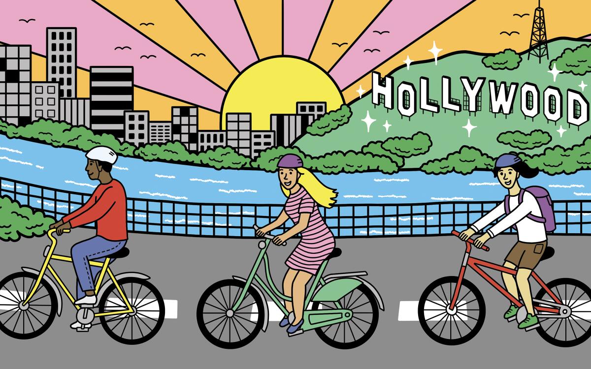 An illustration of three people riding bicycles with the Hollywood sign in the background.