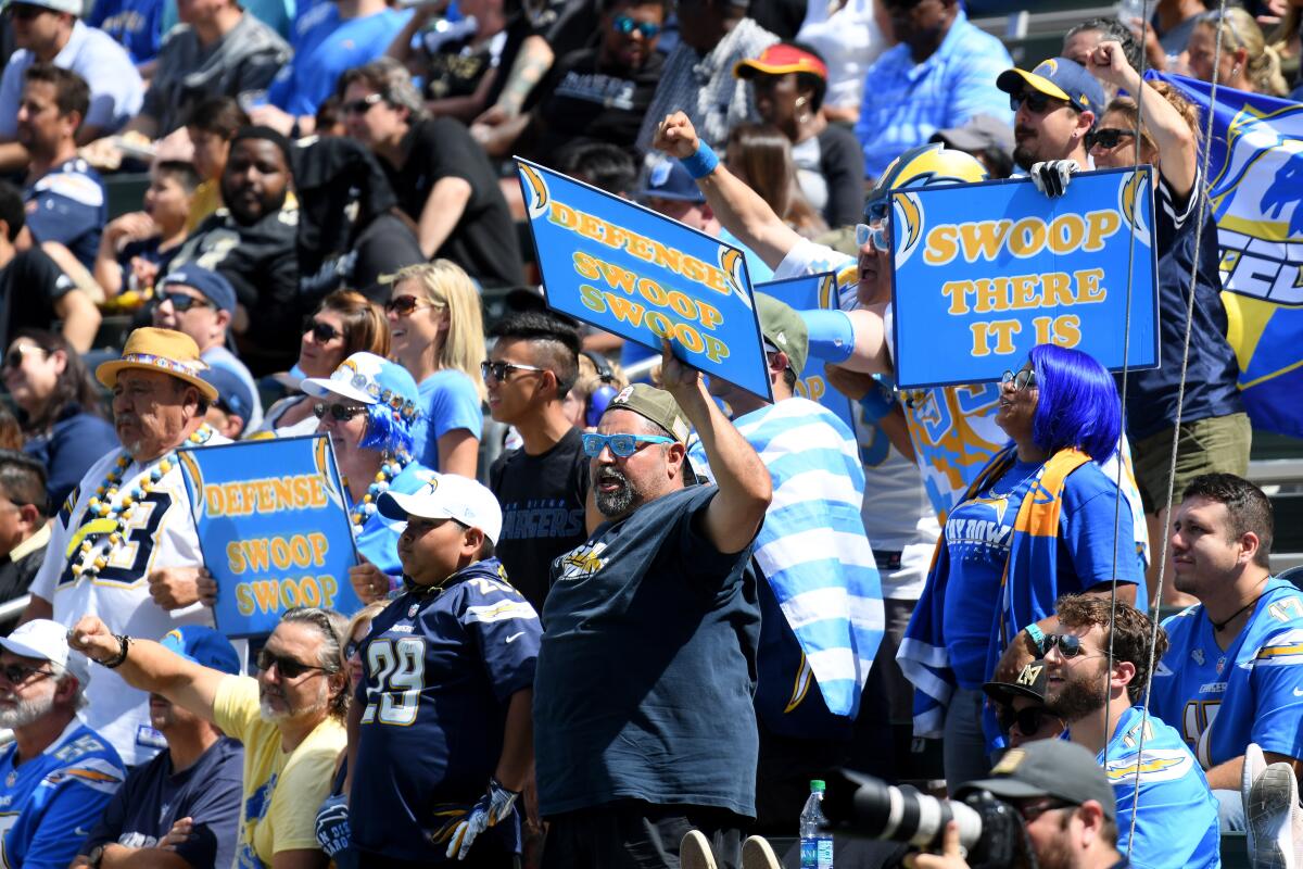 CARSON, CALIFORNIA - AUGUST 18: Los Angeles Chargers fans in a 19-17 Saints win during a preseason game at Dignity Health Sports Park on August 18, 2019 in Carson, California. (Photo by Harry How/Getty Images) ** OUTS - ELSENT, FPG, CM - OUTS * NM, PH, VA if sourced by CT, LA or MoD **