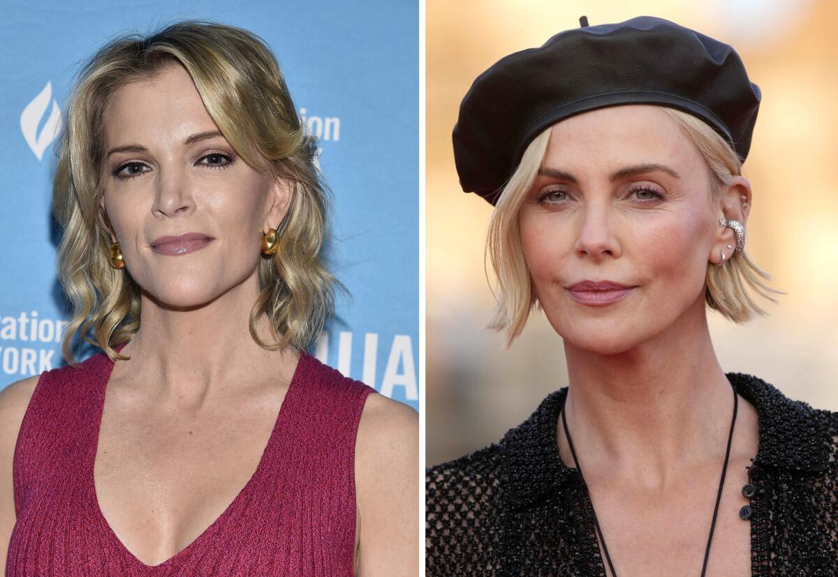 Megyn Kelly in a magenta sleeveless top and, in a separate photo, Charlize Theron in a black crocheted sweater and beret