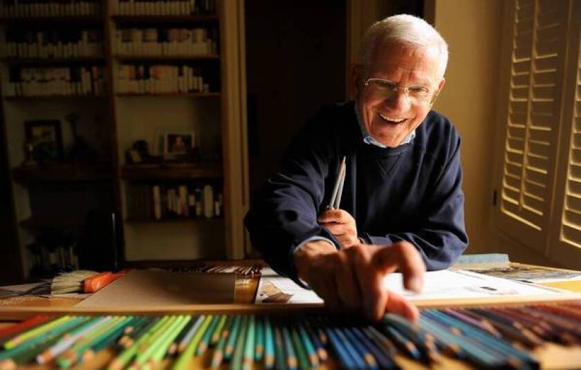 Robert Clary, 87, enjoys pencil painting at his house in Beverly Hills.