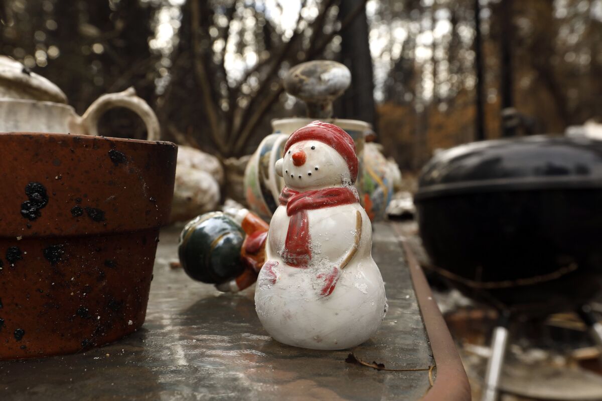 Just a few small items remain of the Christmas decorations that Anne Wycoff had in her home in Paradise, which was destroyed by the Camp fire.