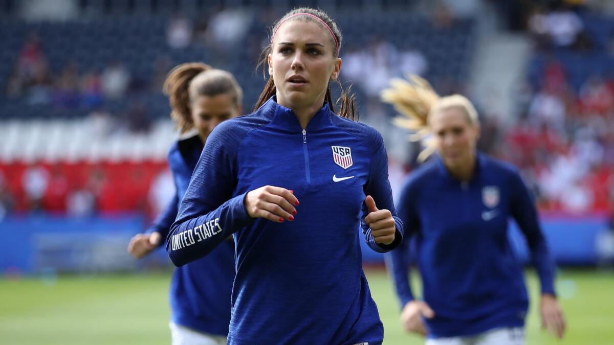 Alex Morgan, warming up before a group-play game against Chile, will be available for a round-of-16 game against England on Monday.