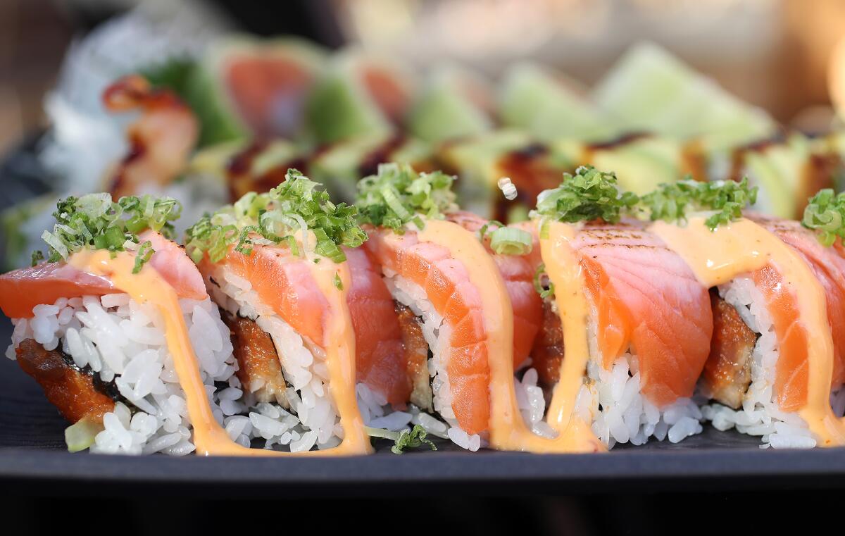 Salmon sushi rolls are one of the new concessions at the Honda Center in Anaheim.