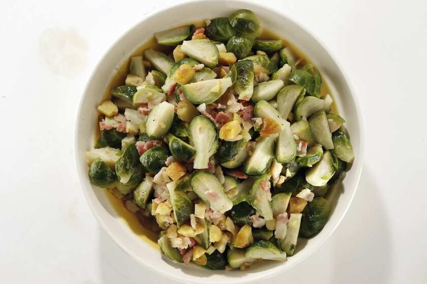 Brussels sprouts braised with bacon and chestnuts.