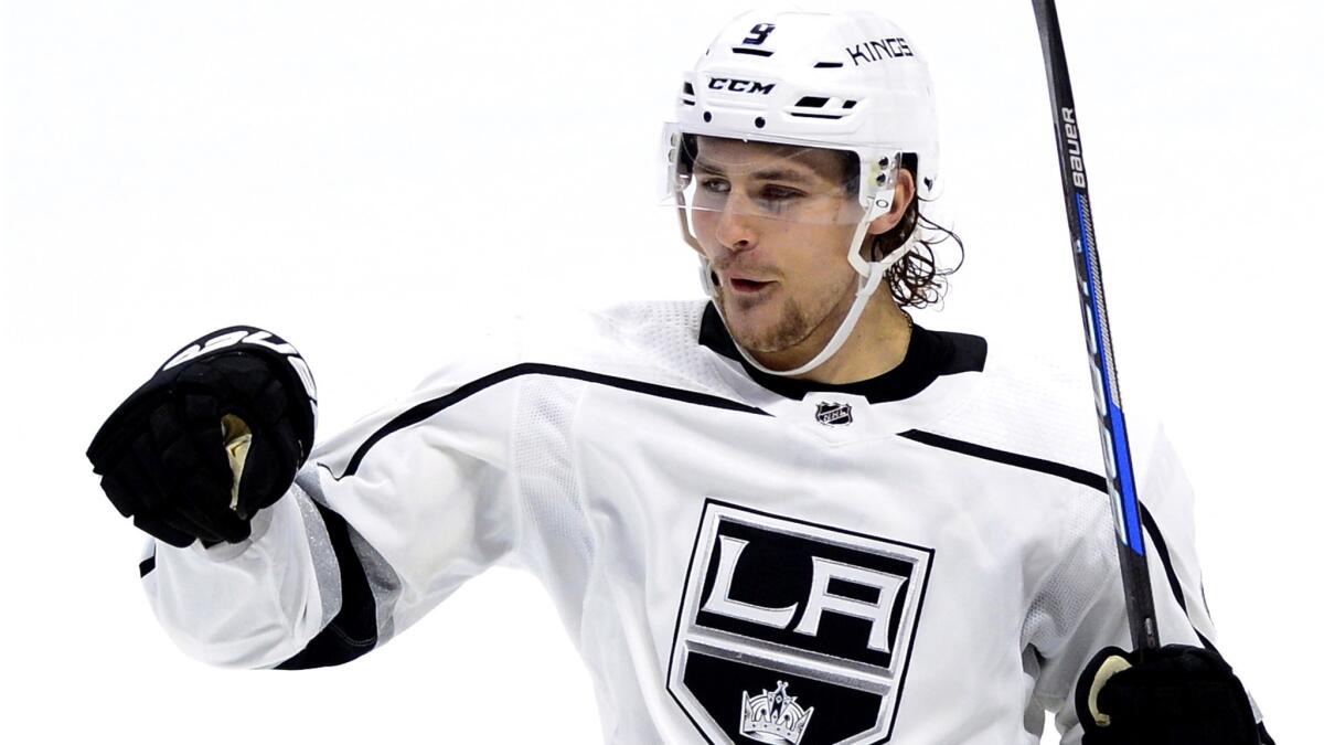 Kings forward Adrian Kempe celebrates after scoring in a shootout of a 3-2 victory over Ottawa last month.