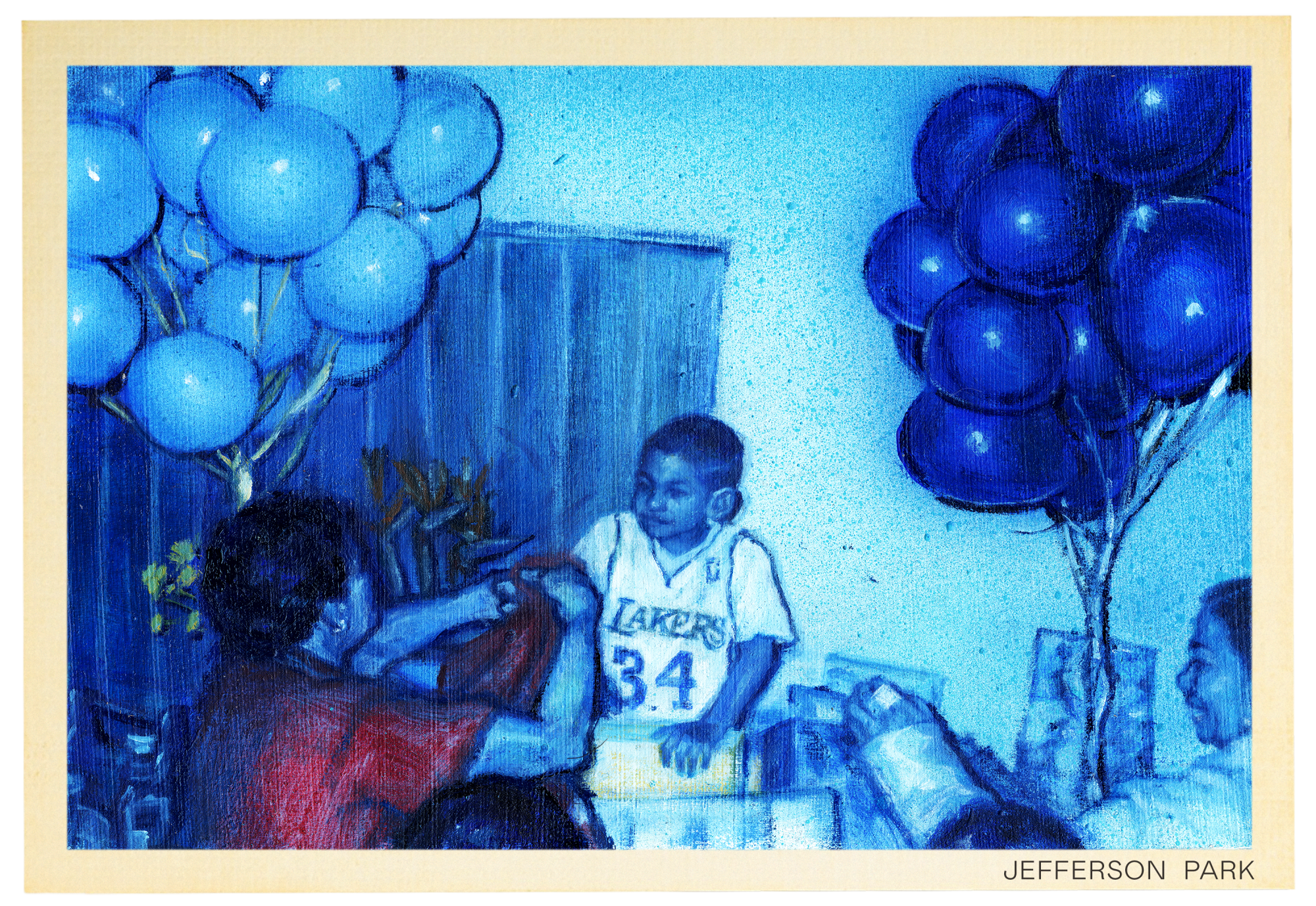 A painting of the artist as a young boy receiving presents on his birthday
