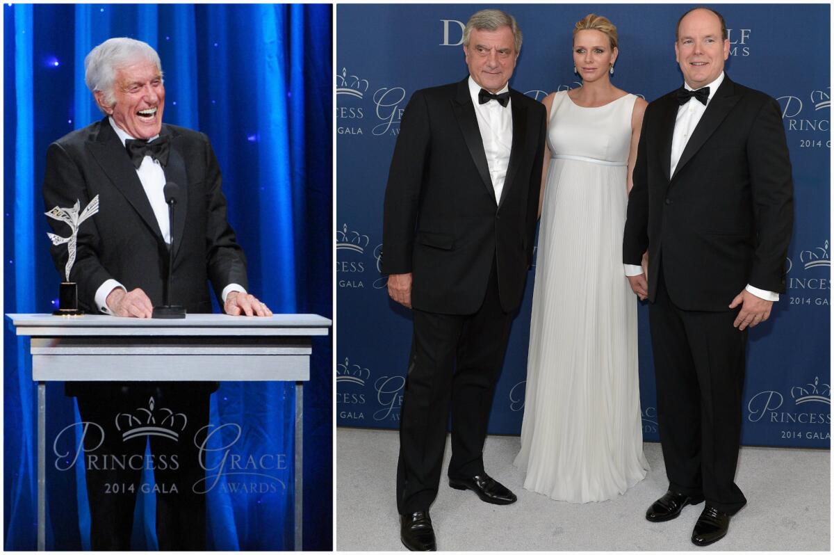 At left, honoree Dick Van Dyke at the 2014 Princess Grace Awards at the Beverly Wilshire Hotel on Oct. 8. At right, left to right, event co-chair Dior CEO Sidney Toledano, Princess Charlene of Monaco and Prince Albert II of Monaco.