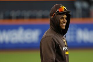 FLUSHING MEADOWS, NY - OCTOBER 6: San Diego Padres' Juan Soto looks on during a practice at Citi Field on Thursday, October 6, 2022 in Flushing Meadows, NY. (K.C. Alfred / The San Diego Union-Tribune)