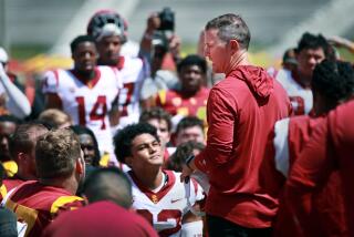 Los Angeles, CA - April 15: USC head coach Lincoln Riley speaks with the team following the spring game.