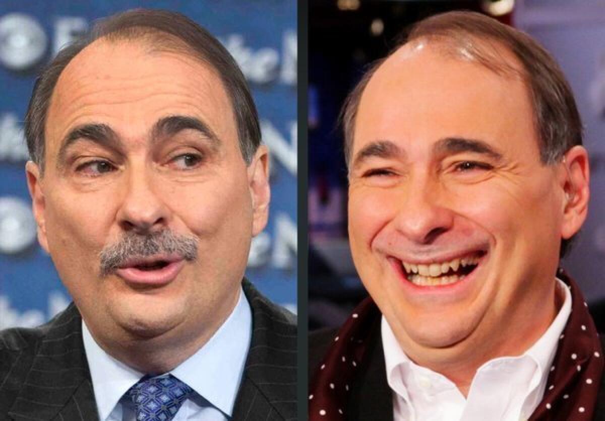 At left, mustachioed Obama campaign advisor David Axelrod as he appeared on Oct. 17. At right, how he looked after having his mustache shaved off to raise $1 million to battle epilepsy.