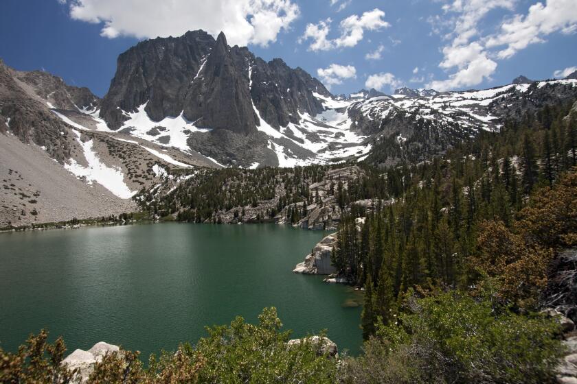 Temple Crag and Fifth Lake from the Big Pine Lakes Trail in the John Muir Wilderness, Sierra Mountain Range, California, USA