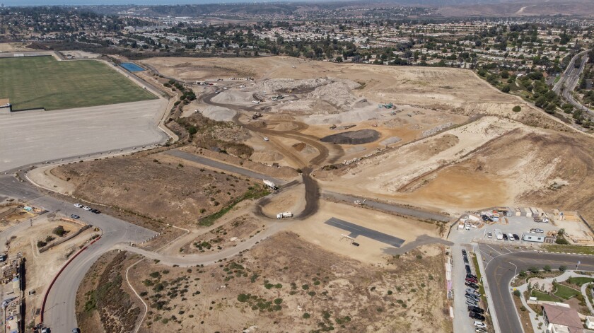 A drone's-eye view in October of the area where the indoor sports arena will be built in Oceanside's El Corazon Park.