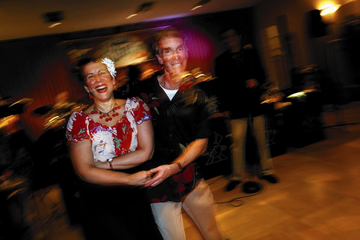 Bill Nye stays in shape by swing dancing. Here he dances with Rusty Frank at a weekly Rusty's Rhythm Club swing dance with live music at the Elks Lodge in Playa del Rey.