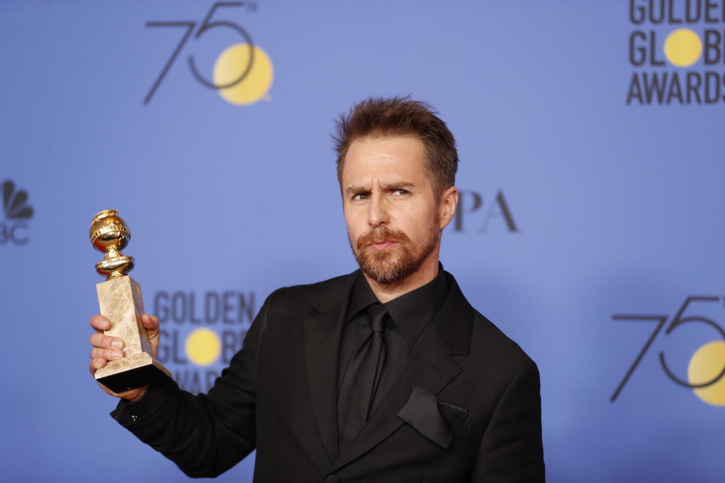 Sam Rockwell, who won a supporting actor Golden Globe for "Three Billboards Outside Ebbing, Missouri," was also a winner in the trend department for his kid mohair notch lapel tuxedo ensemble by Prada.