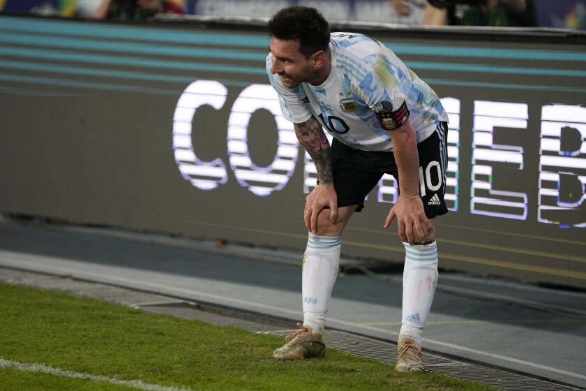 Argentina's Lionel Messi reacts at the end of a Copa America soccer match against Chile at the Nilton Santos stadium in Rio de Janeiro, Brazil, Monday, June 14, 2021. The match ended 1-1. (AP Photo/Ricardo Mazalan)
