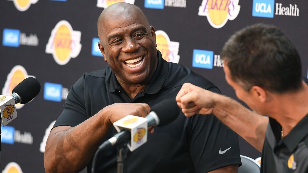 Magic Johnson and GM Rob Pelinka had plenty to celebrate when addressing the media about the Lakers' future with LeBron James in September.