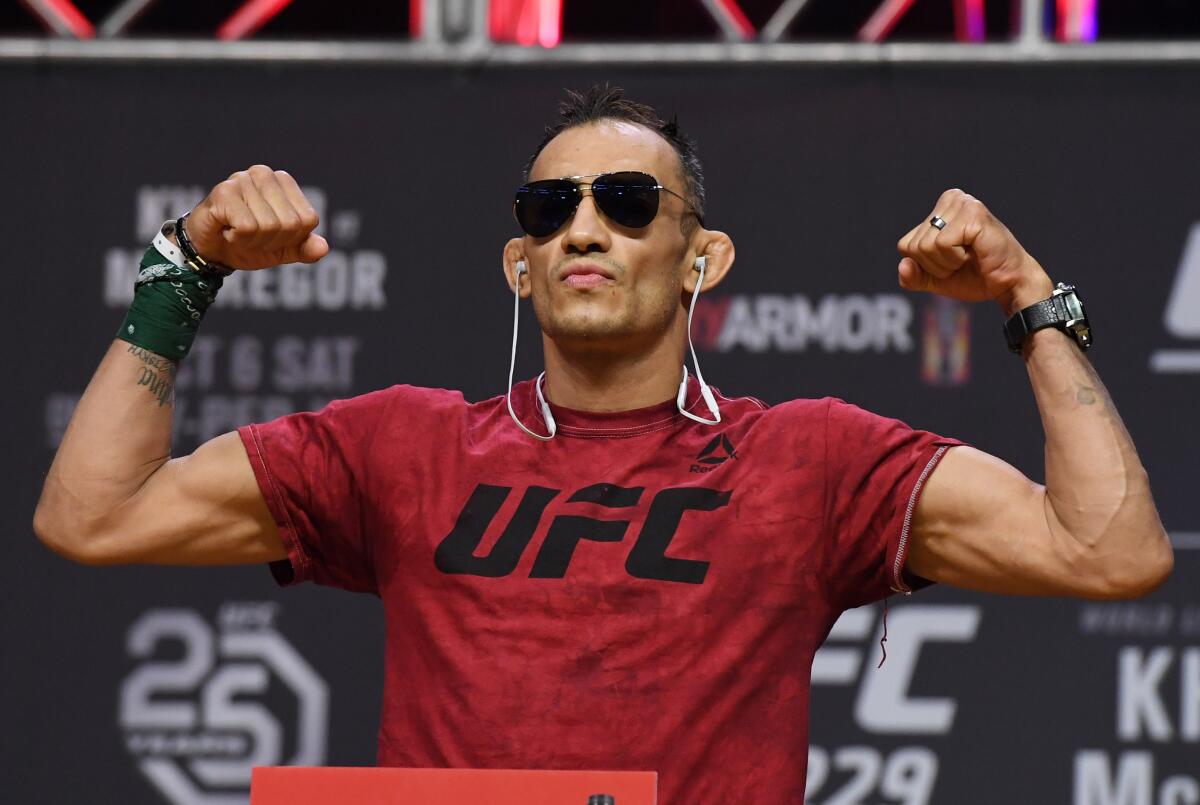 LAS VEGAS, NEVADA - OCTOBER 05: Tony Ferguson poses during a ceremonial weigh-in for UFC 229 at T-Mobile Arena on October 05, 2018 in Las Vegas, Nevada. Ferguson will fight Anthony Pettis in a lightweight bout at UFC 229 on October 6 at T-Mobile Arena in Las Vegas. (Photo by Ethan Miller/Getty Images)