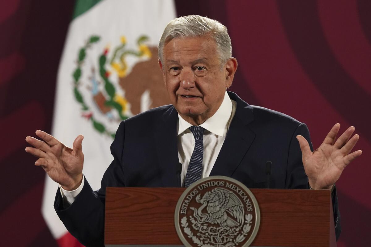 Mexico's President Andres Manuel Lopez Obrador speaks during his daily press conference at the National Palace