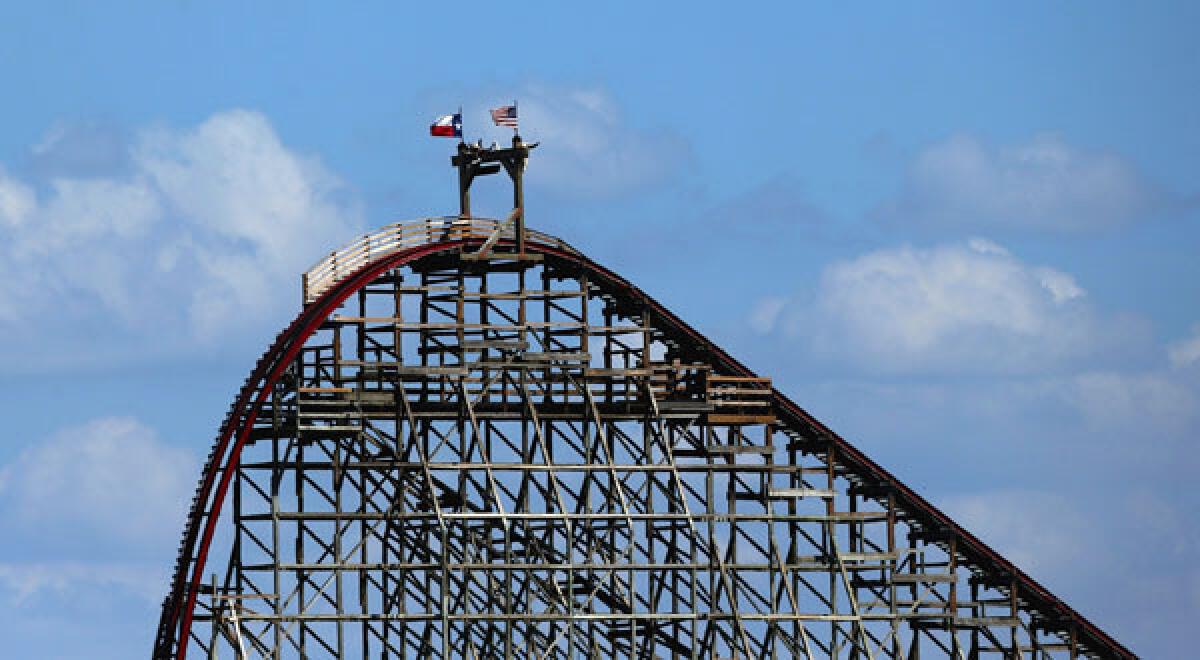 A view of The Texas Giant roller coaster at Six Flags Over Texas.