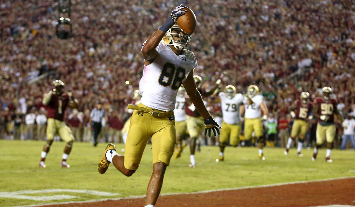 Notre Dame receiver Corey Robinson strolls into the end zone against Florida State for what appeared to be the go-ahead score but offensive pass interference wiped out the play and the Irish's chance to win last weekend.