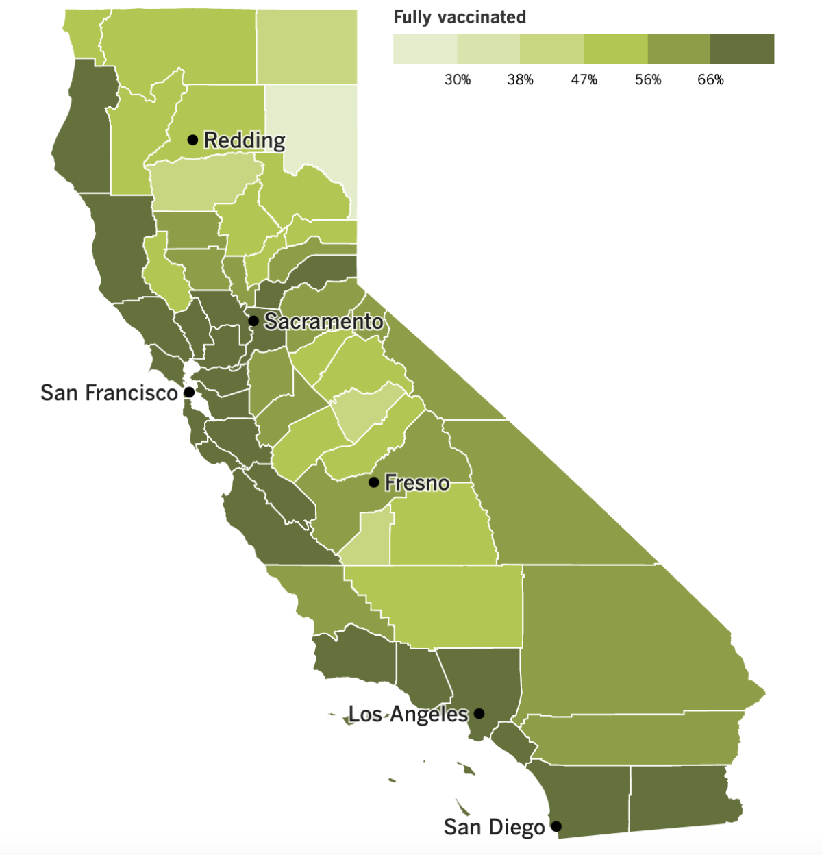 A map showing California's COVID-19 vaccination progress by county as of July 12, 2022.