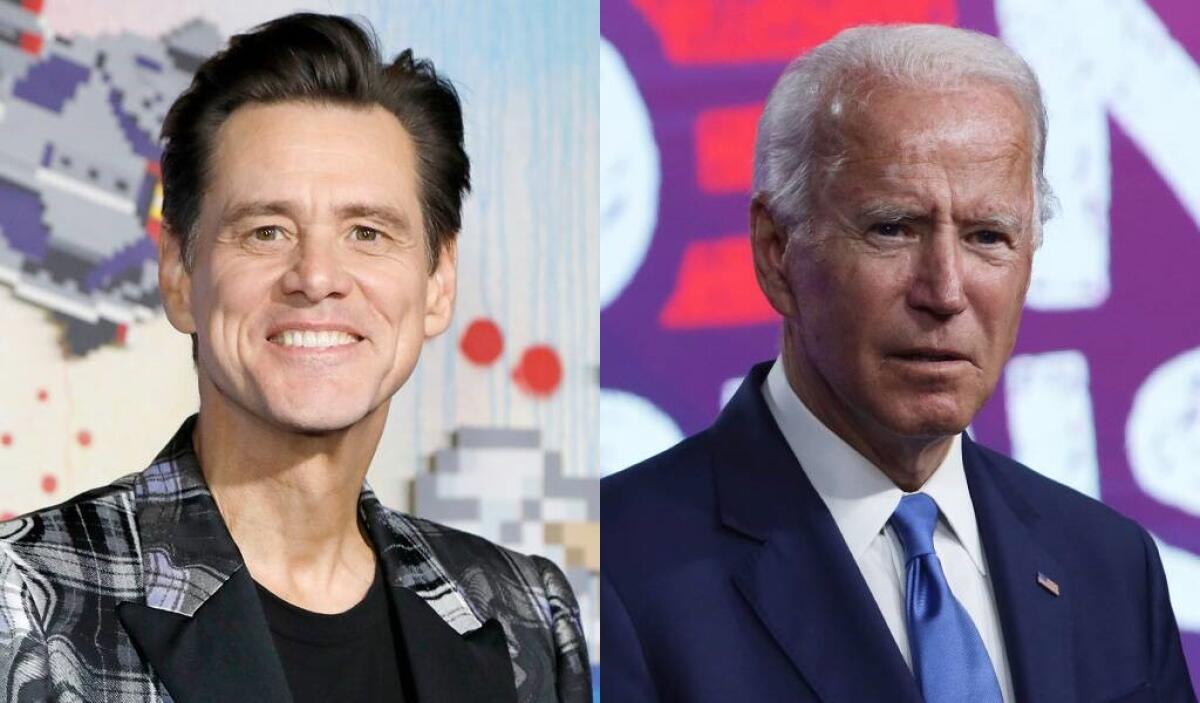 Actor Jim Carrey, left, and President-elect Joe Biden