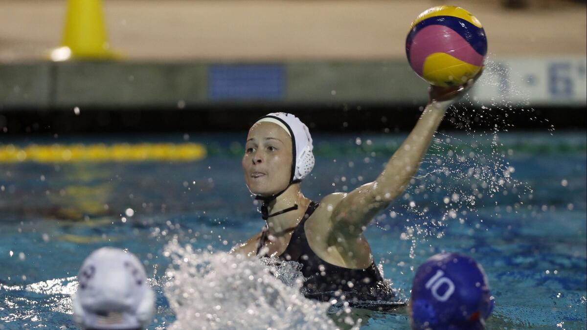 Stephania Haralabidis, shown scoring for the U.S. women's water polo team in an exhibition match against China on Dec. 14, 2017, will make her FINA World Championships debut with Team USA.