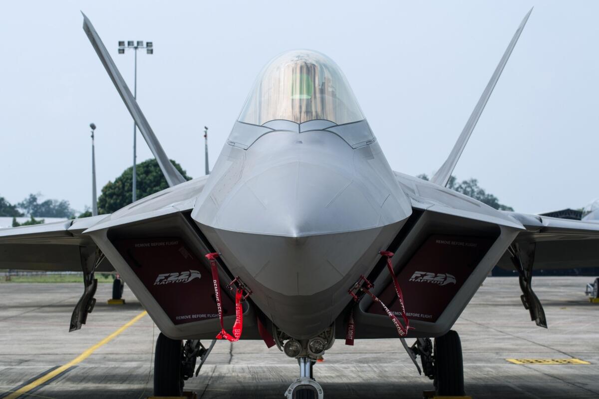 A US F-22 Raptor fighter jet sits on the tarmac in Butterworth, some 330 kilometres northwest of Kuala Lumpur on June 15, 2014. T
