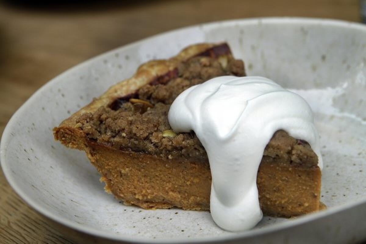 Karen Hatfield adds her own touch on a traditional pumpkin pie with brown-butter streusel and pepitas. Recipe.