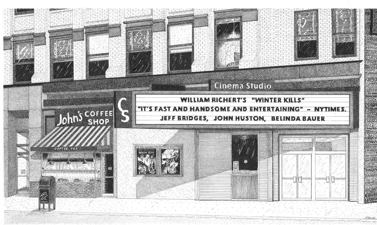 A drawing of the exterior of a movie theater with a big marquee.