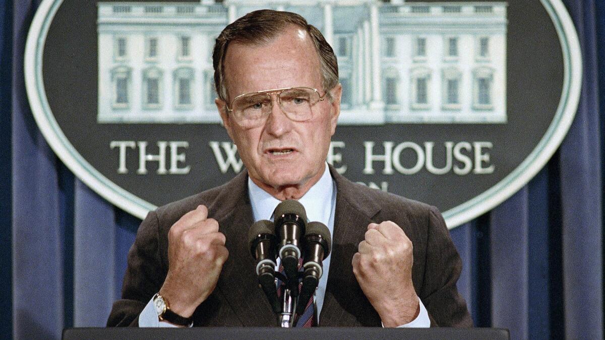 President George H.W. Bush holds a news conference at the White House on June 5, 1989.
