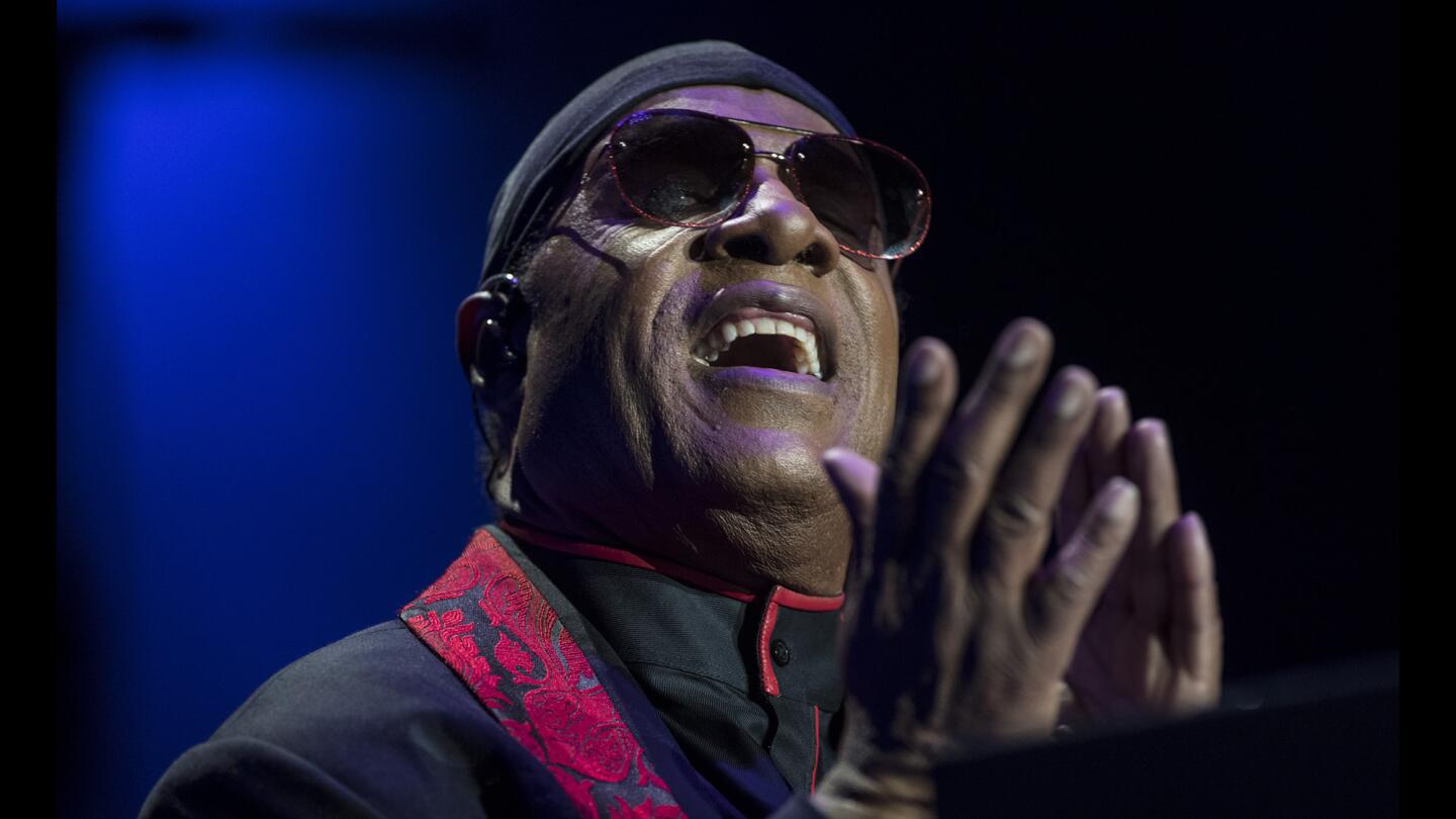 Stevie Wonder on stage during his House Full of Toys benefit concert at Staples Center in Los Angeles on Dec. 10, 2017.