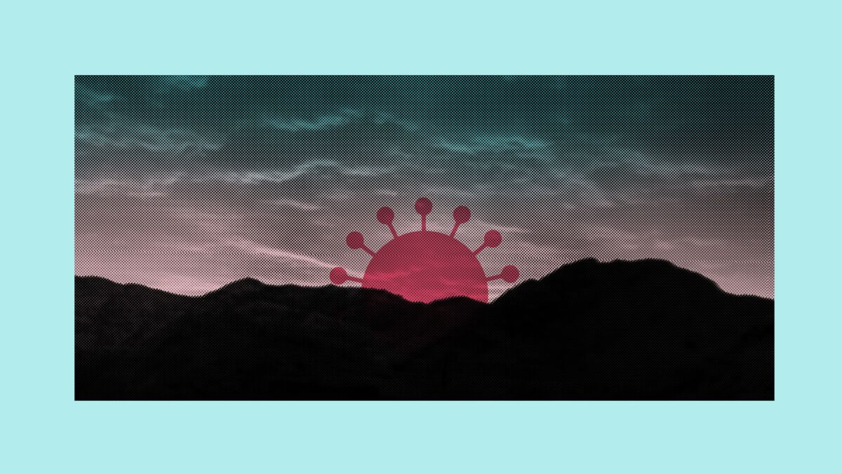 An illustration of a coronavirus setting like a sunset.