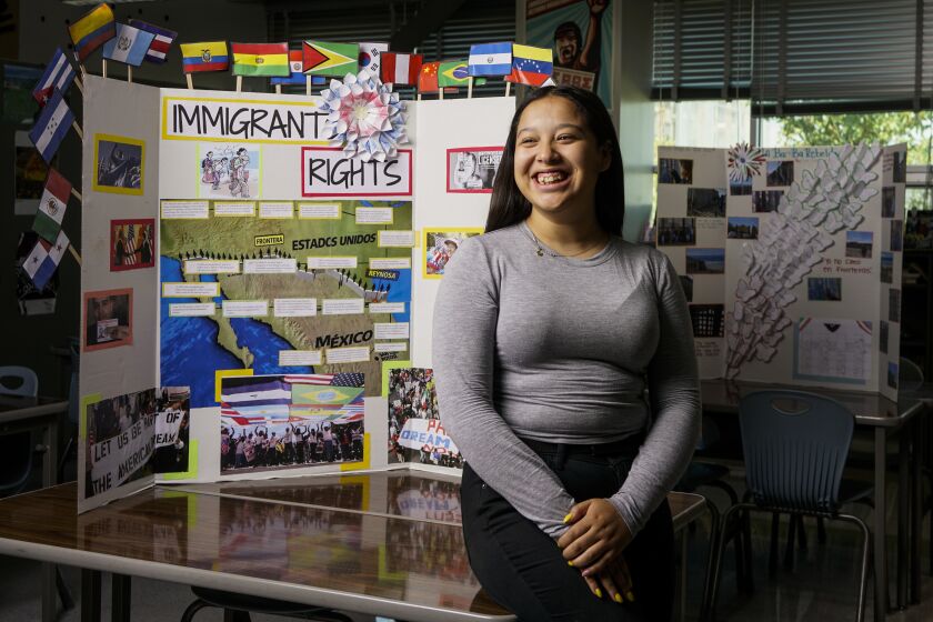 LOS ANGELES, CALIF. - AUGUST 08: Angela Warren, 18, of South LA poses for a portrait in Ron Espiritu's classroom at Camino Nuevo Charter Academy Miramar Campus, on Thursday, Aug. 8, 2019 in Los Angeles, Calif. (Kent Nishimura / Los Angeles Times)