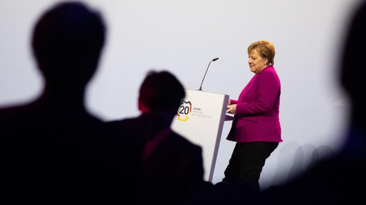 German Chancellor Angela Merkel at a forum in Berlin, Germany on October 29.