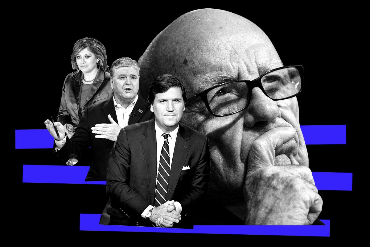 A photo illustration of Rupert Murdoch, Tucker Carlson, Sean Hannity, and Maria Bartiromo