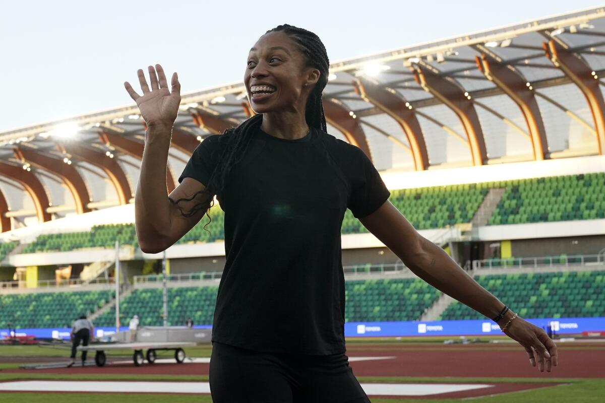 Allyson Felix waves after running in the 200 meters at the U.S. track and field trials in Eugene, Ore., in June.