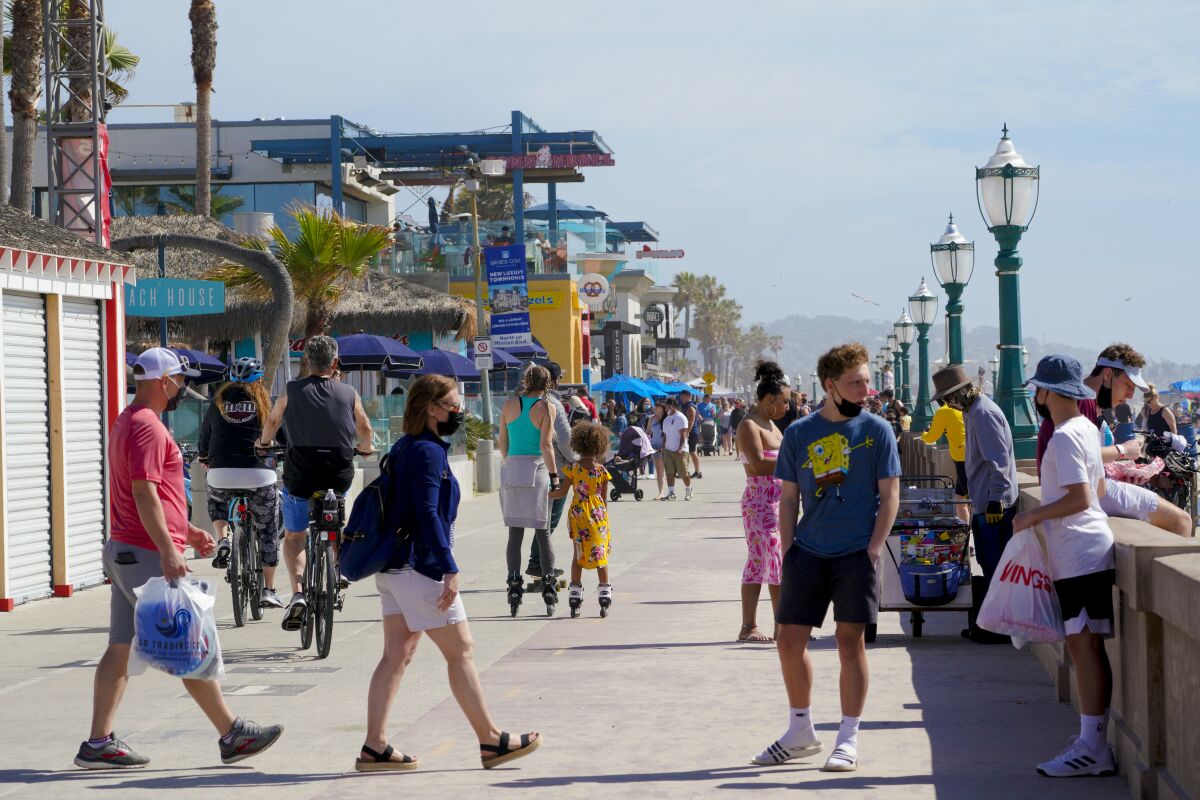 Mission Beach boardwalk  on April 7, 2021.
